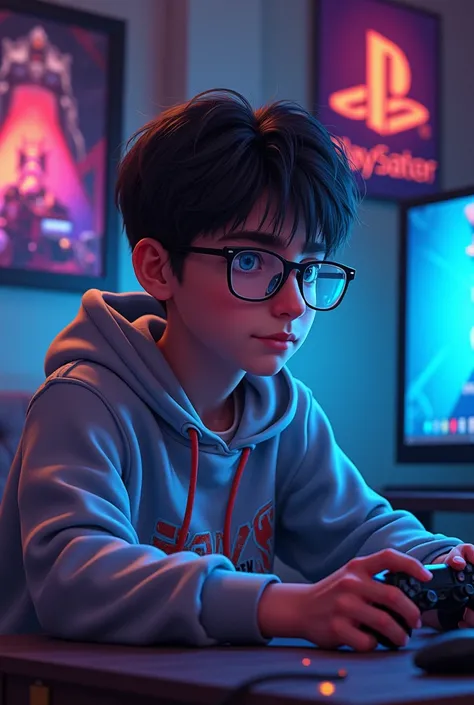 boy with glasses, gamer with a sweatshirt 
art by anurag  that has a play station controller logo and several video game posters in the background. 