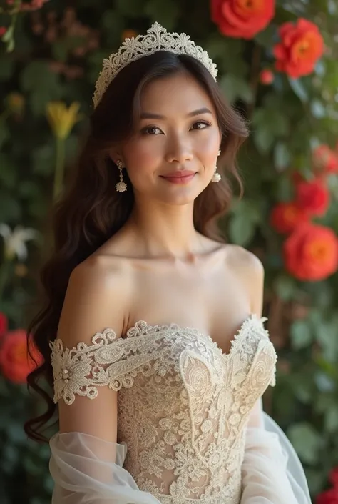 photograph full body, beautiful bride, Thai woman 30 years old, brown Curly hair, Elegant silk fabric shiny and sparkling. Lace Headscarf , Stand facing forward. flower background.