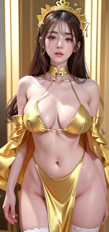 Highest quality,masterpiece,Ultra-high resolution,(Realistic:1.4),Anime Girls,shoulder,charm,Looking into the camera,wuxia ,Gold-colored micro bikini with gold embellishments、（big 、big 房、big Tits）（Cleavage exposure、Exposing the upper arm、Navel exposure、Exp...