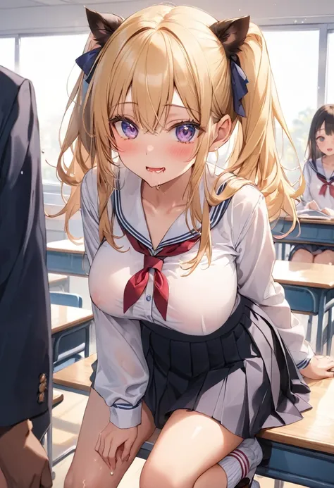 Browsing Caution、 ((High resolution)), ((Highest quality)), (Browsing Caution:1.4)、thin、Big Breasts、((Sweatでテカテカした肌)), (school uniform:1.2、loose socks)、White shirt、Black Skirt、Blonde, (Half Twin Tail)、(((Love Juice)))、classroom、model、Ecstasy、Feeling Face、B...