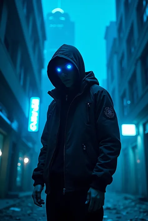 Male character in hoodie, cyberpunk, neon azul, blue neon eyes