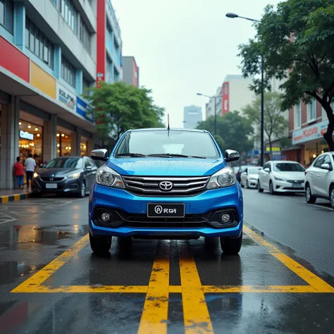 A scene of showing a failed parking attempt in a busy urban parking lot in front of a row of shop lots in Kuala Lumpur on a wet day , with the pavement still glistening from recent rain. In the center of the scene is a blue Perodua Myvi Ez parked verticall...