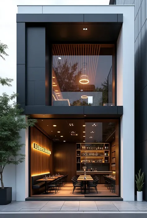 Restuarant facade architecture , a view of 4th floors resturant facade with larg window , main material by glossy white wall and black stone and wood, RAW photo, real, best quality, masterpiece:1.2), look morden minimalist , shime ring light, light brighte...