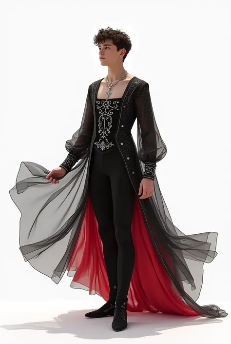 Whole body, Teen boy ballet jacket square neck,silver jewelry, transparent fabrics with glitter,black with red color,  medieval, silk fabric, corset,along with pants with a skirt behind,ancient, delicate, Royals, delicate, Simple, White background, vista W...