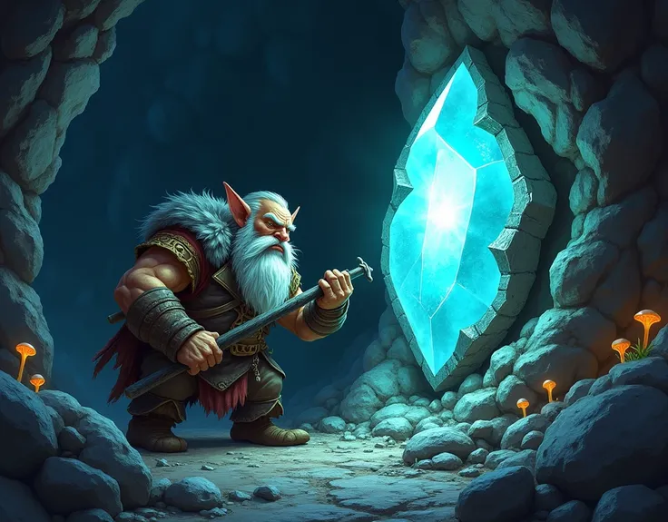 A rugged dwarf digs up a marvelous large rough gem from the rocky walls. The gem glows brilliantly in the darkness. Cavern, underground.  Some lightly glowing mushrooms dot the cave. Splendor and wonder 