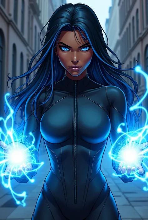 Black woman super heroine, with long black hair, straight and with blue highlights in the hair. power coming out of her eyes, with blue powers in their hands, ready for combat saving the universe, new. in comics