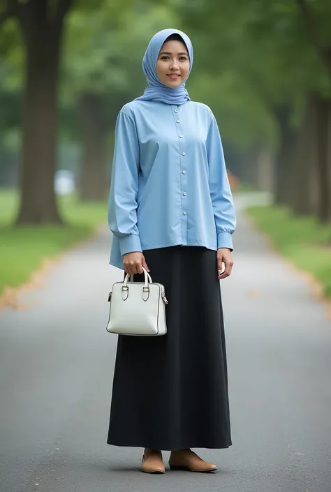  A young Arabic woman in a hijab light blue, wearing a light blue shirt, black long pants, and a white purse, light brown shoes is standing facing the viewer on the paved road. ((Full Body Professional Gemoy)) and the background was a blurry image of trees...