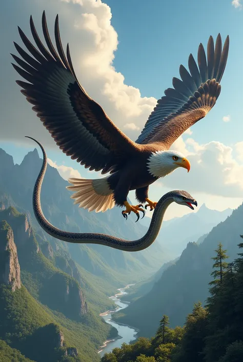 An eagle flying with a snake in its claws