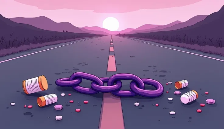 Purple chain thrown on a road, medicines thrown on the road, shades of purple, chains, style cartoon, lifeless colors,