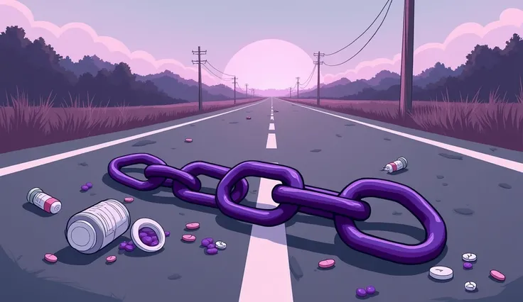 Purple chain thrown on a road, medicines thrown on the road, shades of purple, chains, style cartoon, lifeless colors,