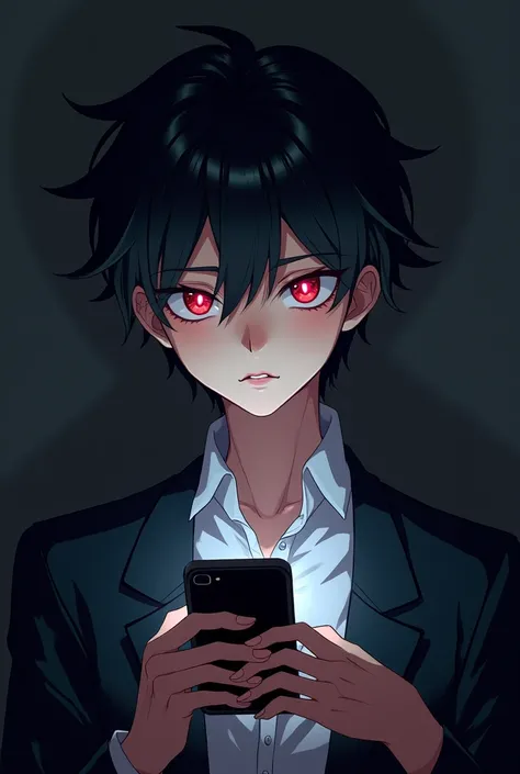 Highly beautiful anime boy, laughing evilly at his cell phone