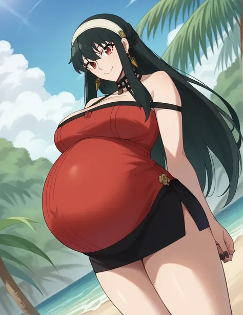 score_9, score_8_up, score_7_up, source_anime,
yorbriar, yor briar, black hair, red eyes, earrings, white hairband, hairband, long hair, sidelocks, Big breasts,
bare shoulders, dress, mini skirt, thighs,
Beach, smile, Black toenails, Black nails,
looking a...