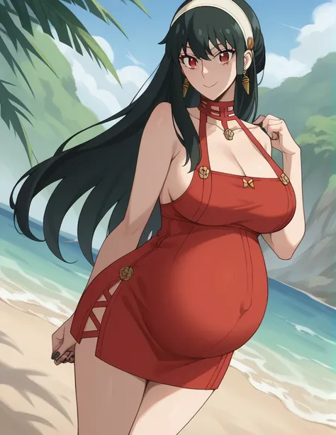 score_9, score_8_up, score_7_up, source_anime,
yorbriar, yor briar, black hair, red eyes, earrings, white hairband, hairband, long hair, sidelocks, Big breasts,
bare shoulders, dress, mini skirt, thighs,
Beach, smile, Black toenails, Black nails,
looking a...