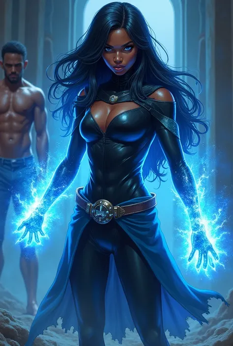 Black woman, with long black hair, straight and with blue highlights in the hair. light coming out of the eyes , with blue powers in their hands, ready for combat saving the universe, naked man in the background. in comics