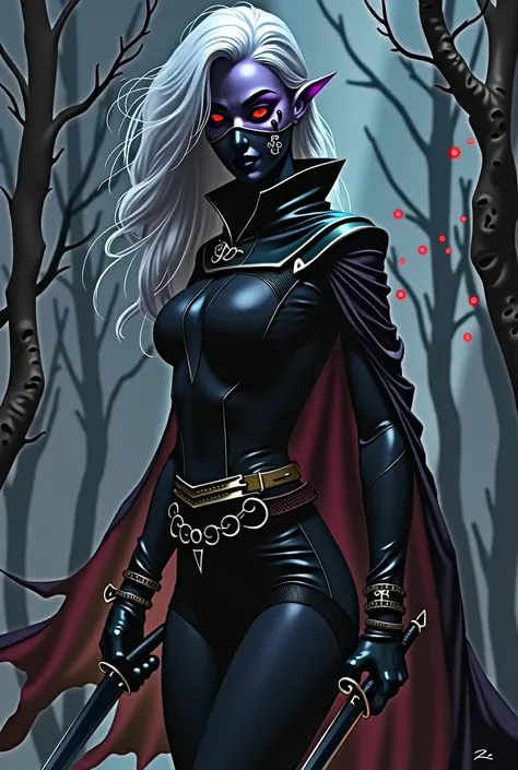 elfa drow,  purple skin, Eyes red, white  hair, assassin outfit with two daggers, scar on eye
, cover covering the mouth