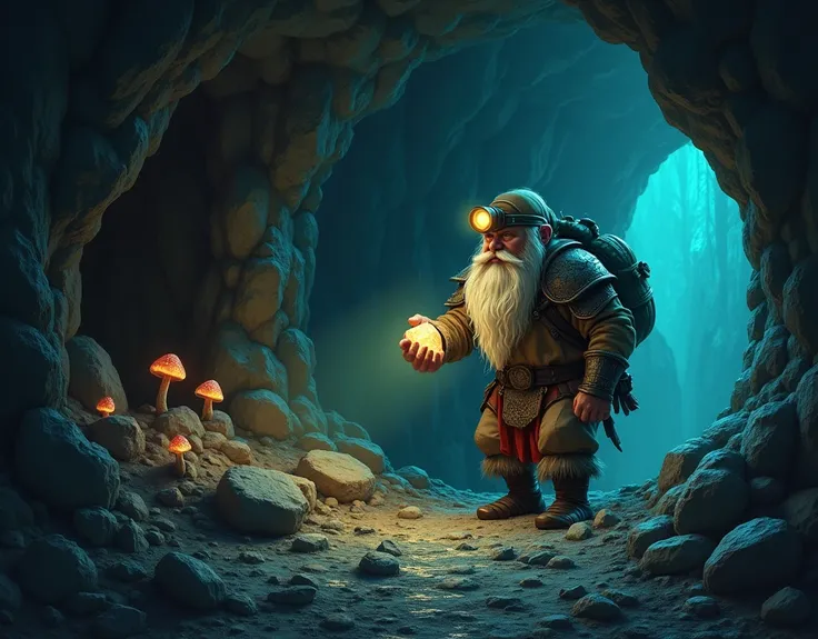 A dwarf lights up a stony place with his headlamp. A rugged dwarf discovers a marvelous rough gem from the rocky walls as he trys to dig it out. His simple digger armor protects him. The gem glows brilliantly in the darkness. Cavern, underground. Some ligh...