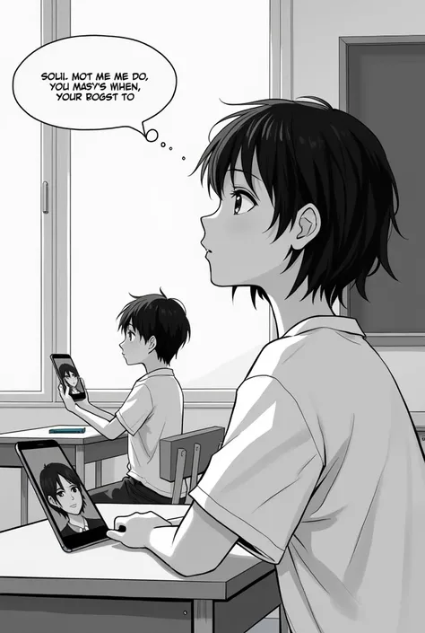 Setting: A school classroom with desks and a chalkboard.
Character 1: A girl with short hair, wearing a school uniform, looking contemplative while sitting at her desk. She could be gazing out the window, lost in thought.
Character 2: A boy with medium-len...