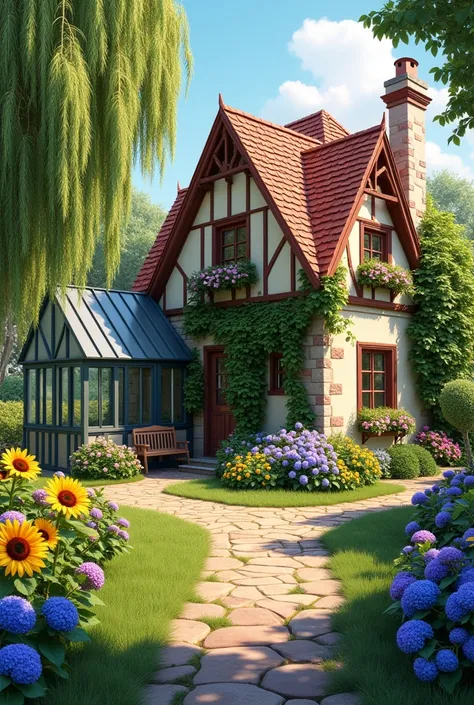 A european house with large willow tree, a grapes tree, full petunia flowers at windowsill,in the backyard have a green house, sunflowers, apple tree, a bench and hydrangeas