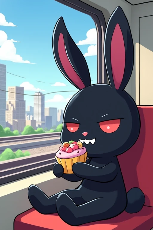 A Kuromi doing eating at the train window
