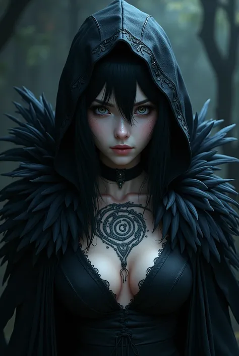 Dark female character, with black feathers, spiral tattoos, anime dark