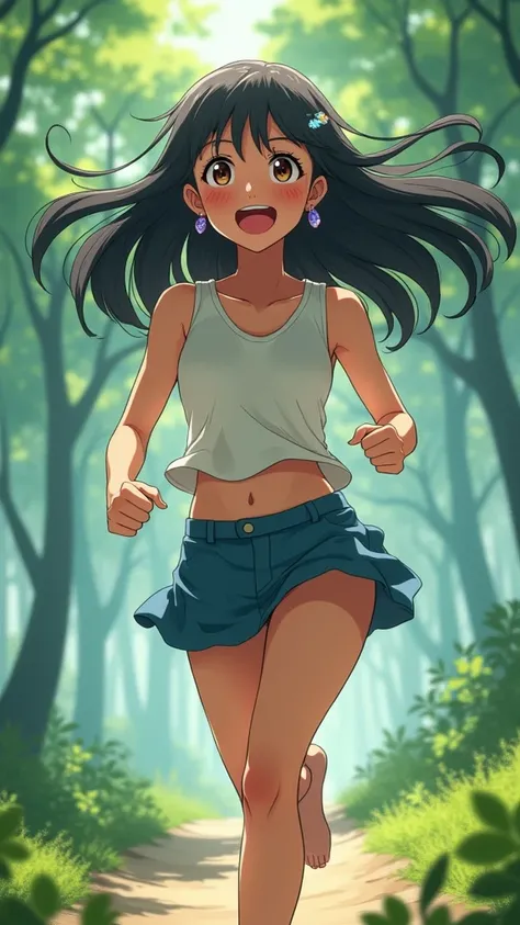 A beautiful girl running through a vast, lush forest, her long black hair flowing in the wind, her expression one of joyful inspiration. She wears a short skirt and earrings, her eyes sparkling and cheeks flushed, sweat glistening on her skin. The scene ha...