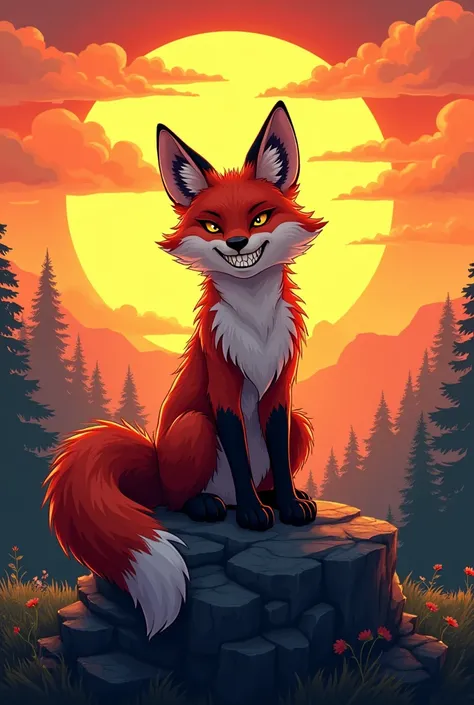 A sly fox smiling with a mischievous look in the middle of the sunset, in the background of the image you can see the sun around the fox, she is on top of a rock and there are distant forests in the picture, comic book style. 