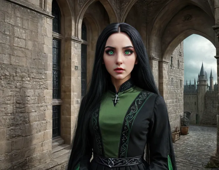 severus snape, a girl with green eyes and long straight jet-black hair, slytherin house dress, beautiful detailed eyes, beautiful detailed lips, extremely detailed eyes and face, long eyelashes, medieval hogwarts castle, moody lighting, cinematic, dramatic...