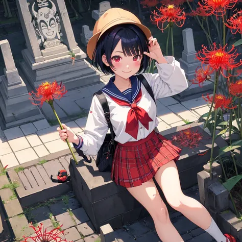 masterpiece、Bold, anime-style illustration、Dense painting、Creepy and cute、Cinematic lighting、Buddhist Cemetery、A high school girl visiting a grave、Holding a bouquet of red spider lilies、Invincible Smile、stylish、short hair、Short sailor suit、Tartan check min...