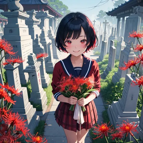 masterpiece、Bold, anime-style illustration、Dense painting、Creepy and cute、Cinematic lighting、Buddhist Cemetery、A high school girl visiting a grave、Holding a bouquet of red spider lilies、Invincible Smile、stylish、short hair、Short sailor suit、Tartan check min...