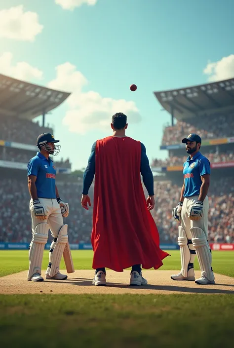 Super man with ms dhoni and virat Kohli 
Play cricket game in 
stadium