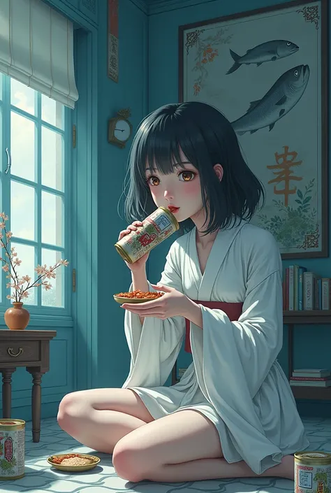 indoor，intricate details，Cool colors，A Japanese girl is eating a can of herring that is bigger than him