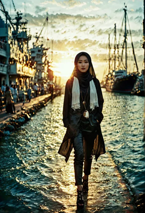 a cinematic medium shot of a korean fashion model wearing a hijab walking along the harbor. she is dressed in a casual yetstylis...