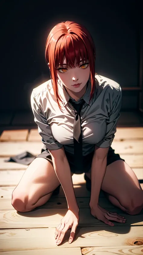 The character Makima from the anime series Chainsaw Man, fragile, full length (Full body 1.1.), dark background, darkness, Correct anatomy 1.1, holds his hands behind his back, correct hand anatomyVery sexy, erotica, very feminine, beautiful figure, legs, ...