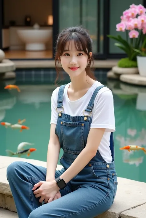 Beautiful Korean Women , smooth white skin, well-groomed face,hair up,bangs, ala korea,white t-shirt,celana jumpsuit jeans,black watch, sitting posing with a slight smile, near the koi pond, memeluk kucing anggora berukuran besar, left-right pool, there ar...