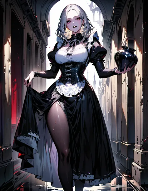 Young beautiful woman,(Highest quality,Extremely detailed depiction,Incredibly absurd high resolution,Anatomically accurate depiction,Curvy Legs,Shiny skin,Porcelain-like skin),(Black and white gothic maid outfit,Maid Skirt,corset,black tights,High heels),...