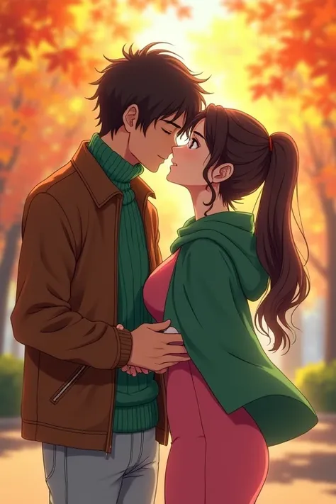 I would like to get an image of an anime-style couple consisting of an adult man with long curly chocolate hair below the shoulders, dressed in a large-knit green sweater with a neckline, brown leather jacket, light jeans, kissing a young incredibly beauti...