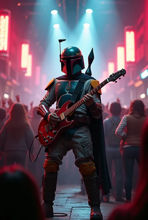 Boba Fett playing guitar at a live music venue、Star Wars、movie、Mandaean、