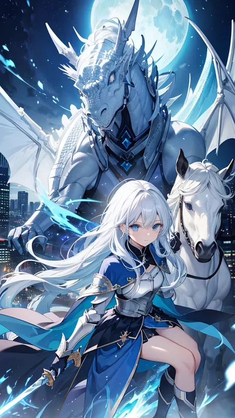 Silver Hair、Long Hair、Blue Eyes、dragon、Blue and black armor、White Cape、Blue moon in the background、Ice Magic、Carrying a sword、horse riding、Rin々A funny expression、city