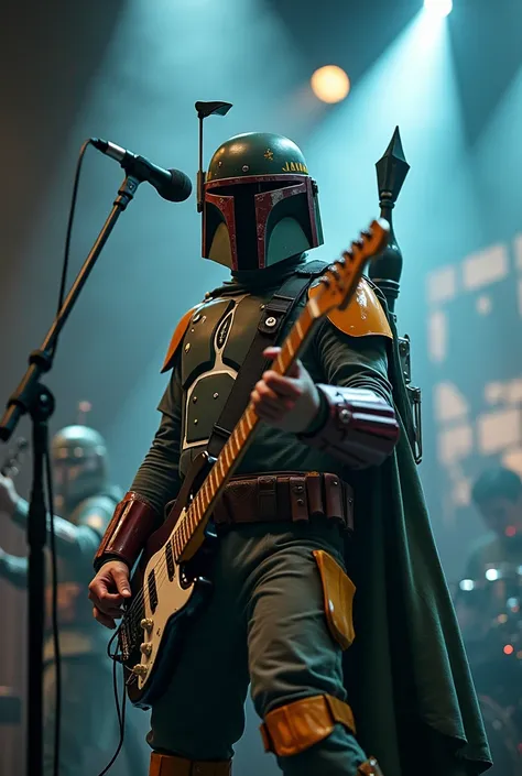 Boba Fett is the lead singer of a punk band.、Singing passionately at a live music venue、Star Wars、movie、Mandaean、