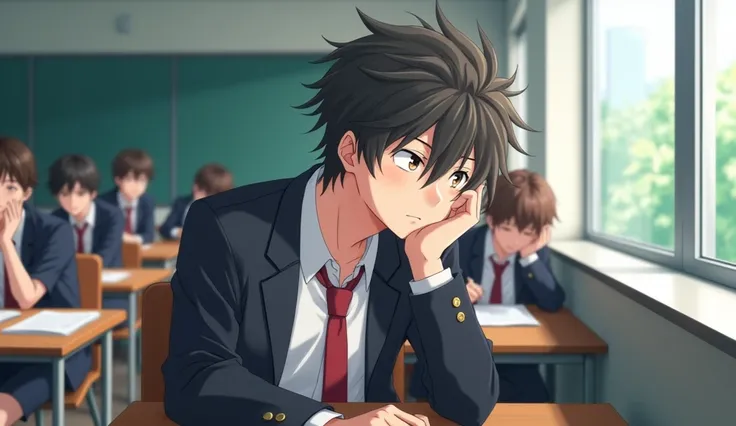 A medium shot anime-style of a male character with natural slightly messy and tousled hair, similar to the main character of the anime Hyōka. He is dressed in a Japan-style school uniform He wears a black blazer as part of his school uniform, with a white ...