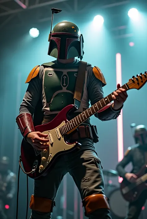 Boba Fett is the lead singer of a punk band.、Singing passionately at a live music venue、Star Wars、movie、Mandaean、