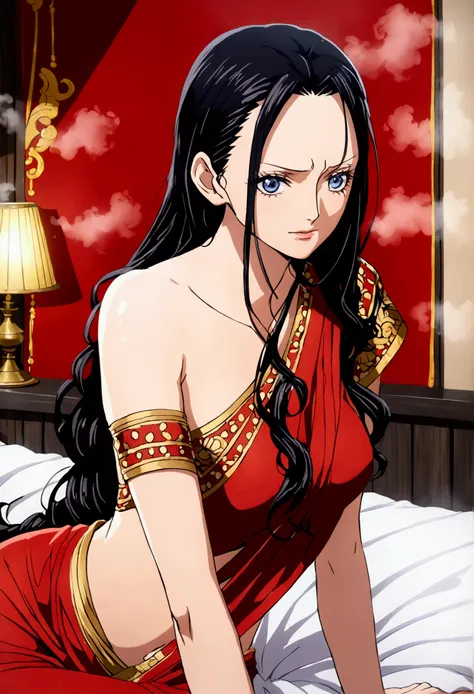 nico robin from one piece, wearing red indian saree , shoulder-length black hair styled in a classic hime cut , on a bed , roman...