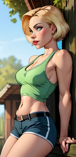 Hot blonde girl with short hair, blue colored eyes, wearing a A pair of moss green camp shorts, wearing a Belts on her shoulders, wearing a white tank top showing her belly, cleavage, defined and shiny breasts, low angle image 