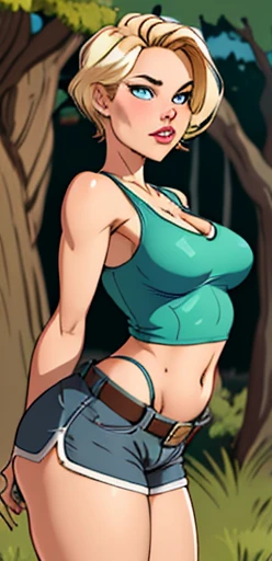 Hot blonde girl with short hair, blue colored eyes, wearing a A pair of moss green camp shorts, wearing a Belts on her shoulders, wearing a white tank top showing her belly, cleavage, defined and shiny breasts, low angle image 