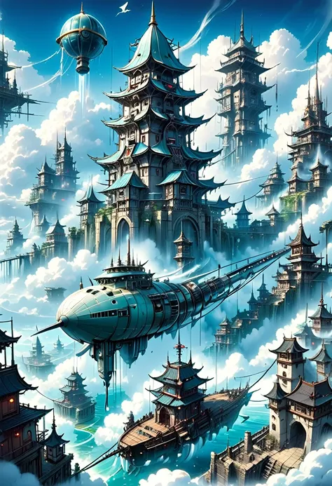 aerial city of the future,remains,sea of clouds,airship,the world of soratorobo,water is gushing out,artillery battery,fusion wi...