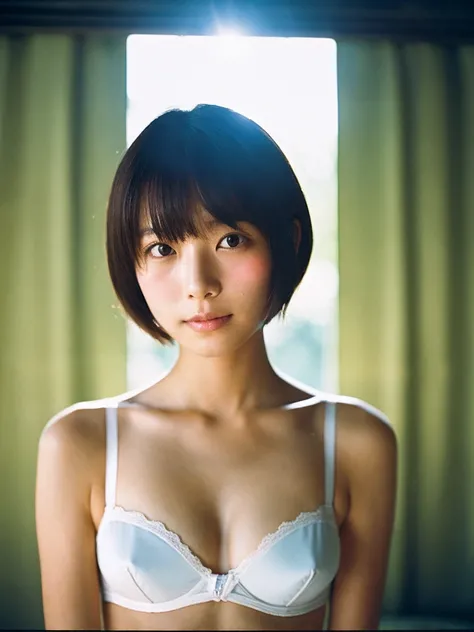 Japanese women, White thin bra、Sweaty shiny skin、Young Face, Bob Cut Hair, Hot summer day, Japanese-style room, Incomplete details, Shooting with Leica, analog, 35mm:: (Artistic light leakage:1.4), Lens flare::4 - Style Row - AR 2:3 --s 150 --c 4