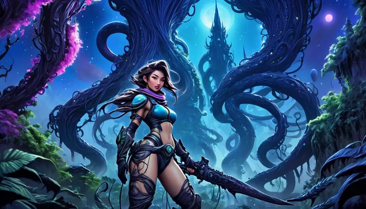 A adventurer woman (yuna, muscular, lean, sweaty, big butt, sexy explorer outfit) is using a machete to clear a path through a dense alien forest, tentacle vines reach from trees, she is carving a trail to an eldritch spire, 3 nightmarish moons hang in the...