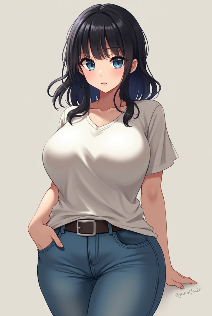 Anime Woman with a busty body and casual clothes medium length black hair and blue eyes.