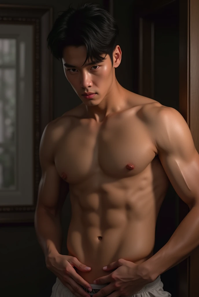 Handsome Korean guy masturbates his six pack abs