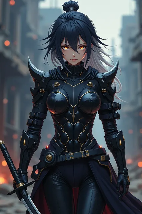 {
  "prompt": "A badass anime character with black hair and a few silver locks. They have a fierce expression, glowing eyes, and a smirk. Dressed in futuristic armor with samurai elements, they wield a sleek katana, standing ready for battle against a dark...